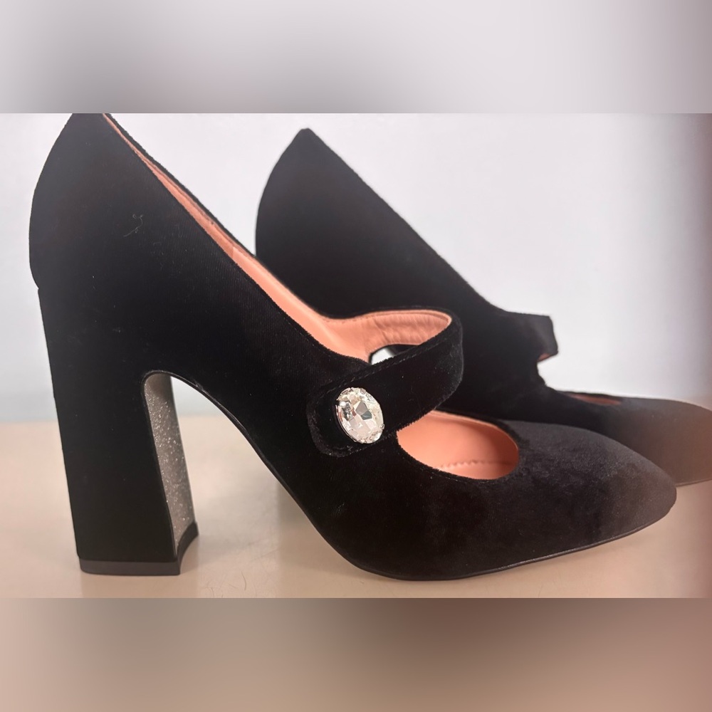 J. Crew Black Velvet Heels with Crystal Accent